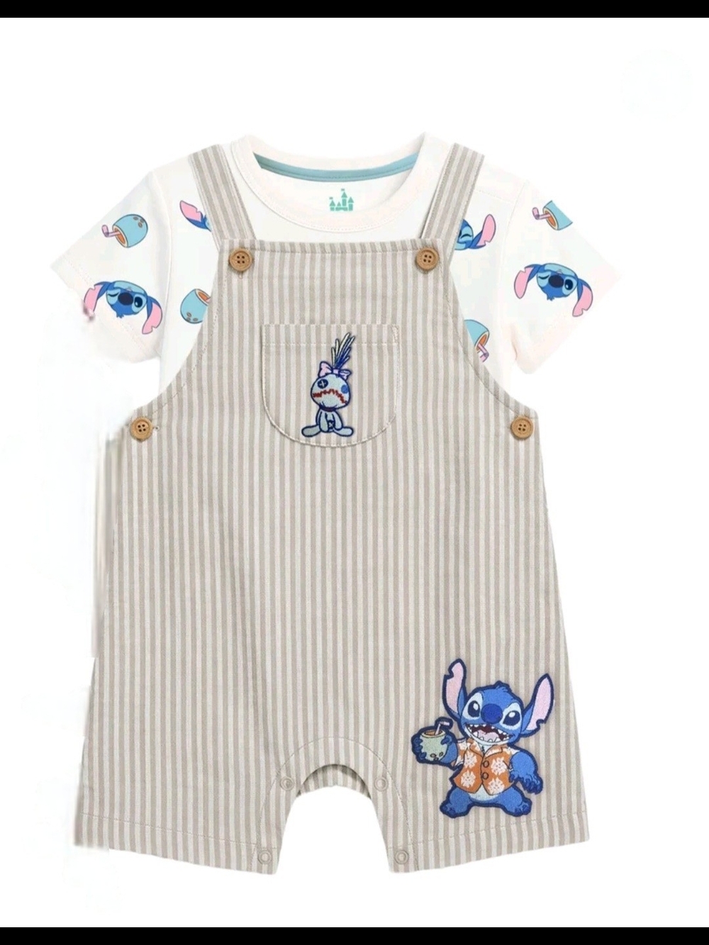 12M & 18M Disney Baby Boy Stitch Shortalls Shirt 2 PC Set Cute